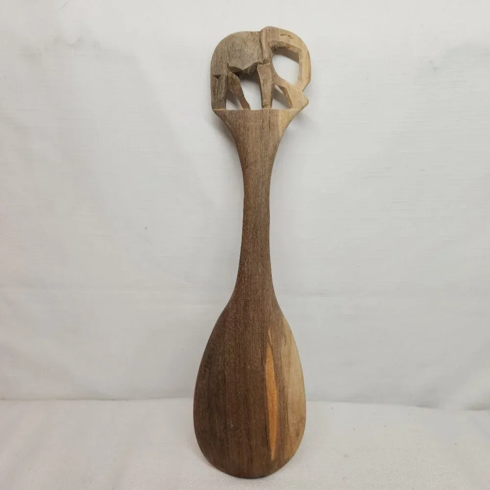 African Hand Carved Wooden Elephant Salad Serving Spoon